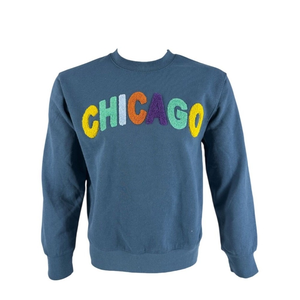 New York Popular Sweatshirt Small Chicago Chenille Patch Indigo Blue EUC